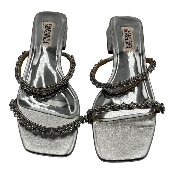 Badgley Mischka Rhinestone Embellished Slip On Low Block Heel Sandals Silver 6 - Picture 1 of 9